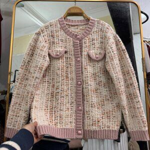 Pink Tweed Knit Cardigan Sweater